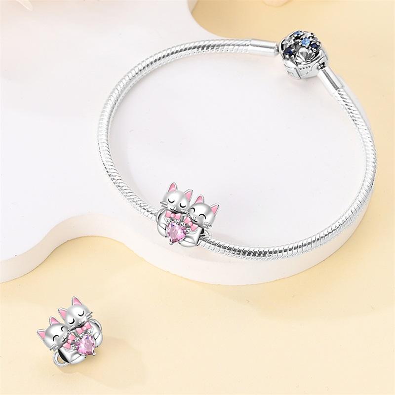 100%Stering Sweet Twin Cats Charms Beads Pink Heart Gem Fit Original Bracelet Diy For Women Jewelry