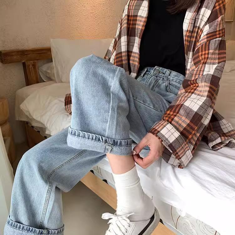 

Women s 2024 Versatile High Waist Slimming Blue Jeans - Trendy Straight to Micro Flare Wide Leg Custom светло-синий