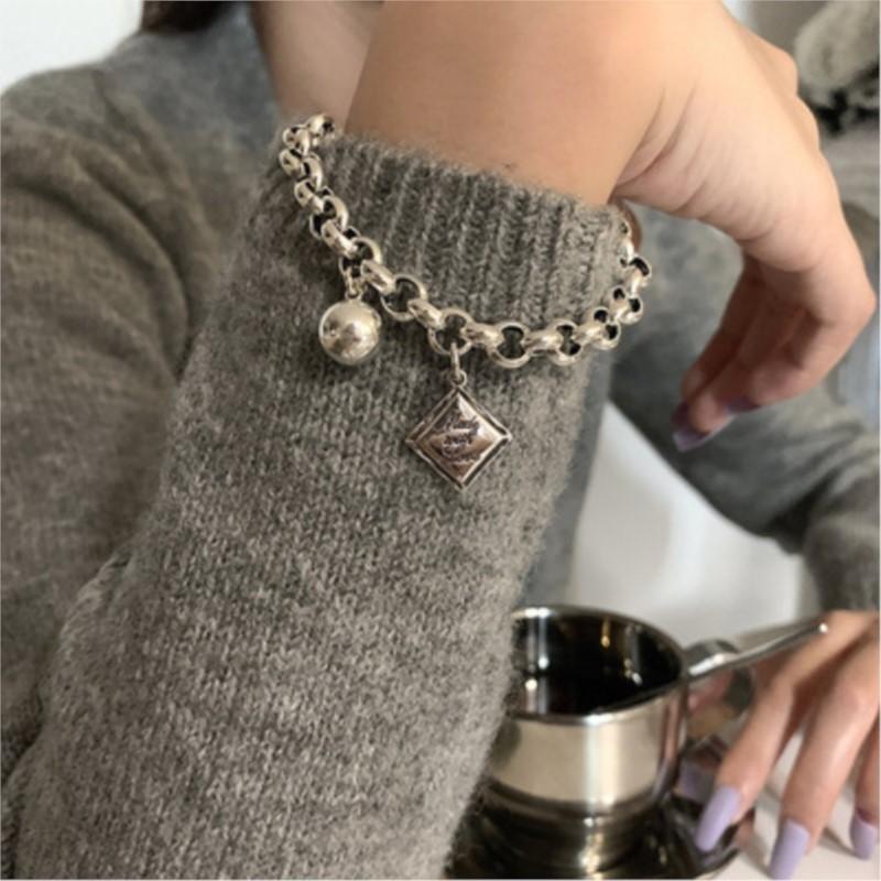 Silver Color Vintage Punk Chain Bracelet for Women Men Niche Design Square Ball Pendant Bracelets Party Jewelry Gifts