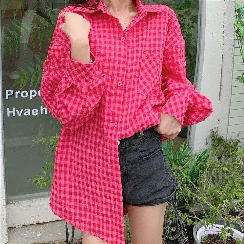 

Женская клетчатая рубашка с длинным рукавом на пуговицах Повседневная блузка весна-осень Стильная клетчатая женская тонкая куртка S