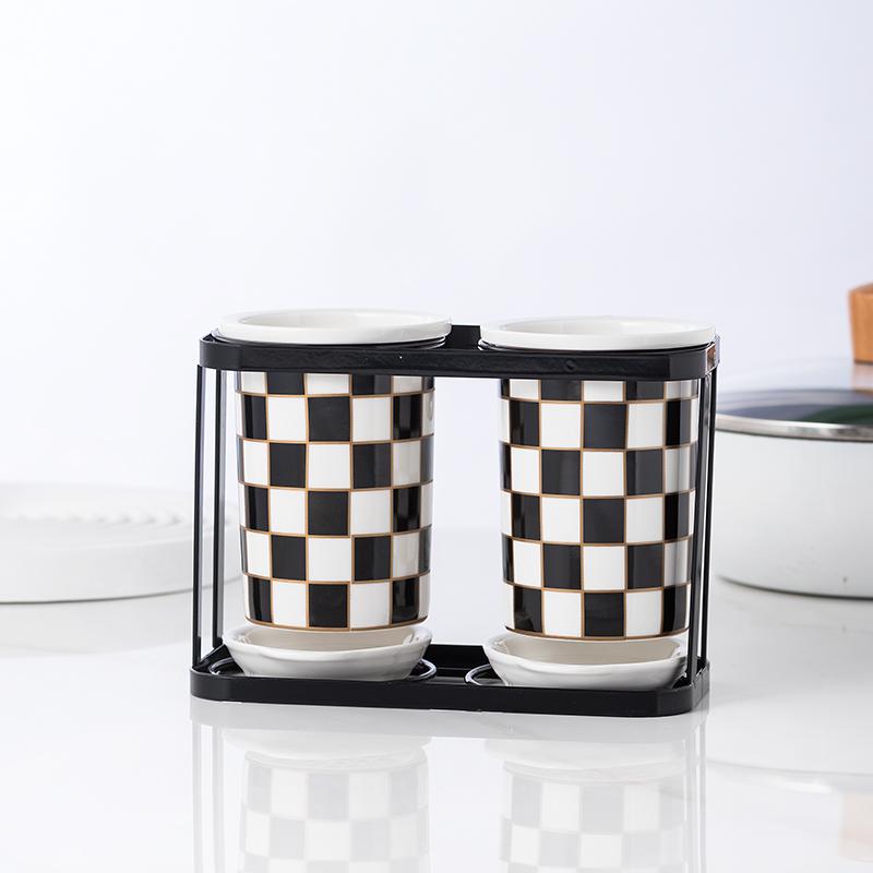 Checkerboard Ceramic Chopsticks Holder Drain Rack Chopsticks Basket Chopsticks Box Cutlery Box Storage Rack Wall-mounted Shelf
