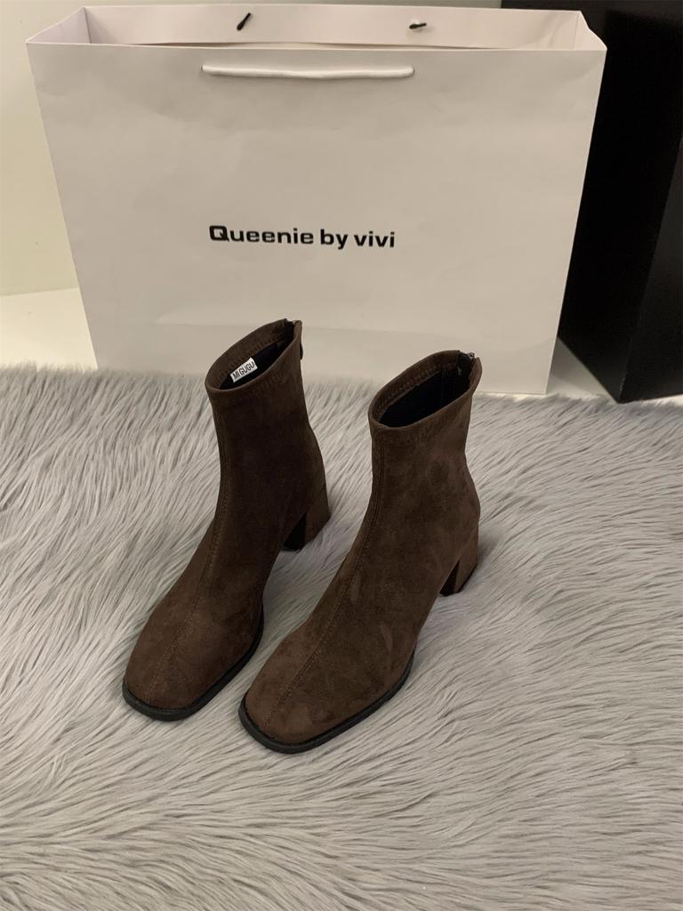 High Heel Square Head Skinny Short Boots Women's Shoes 2025 Autumn and Winter Fleece Korean Small Ankle Boots Martin Boots