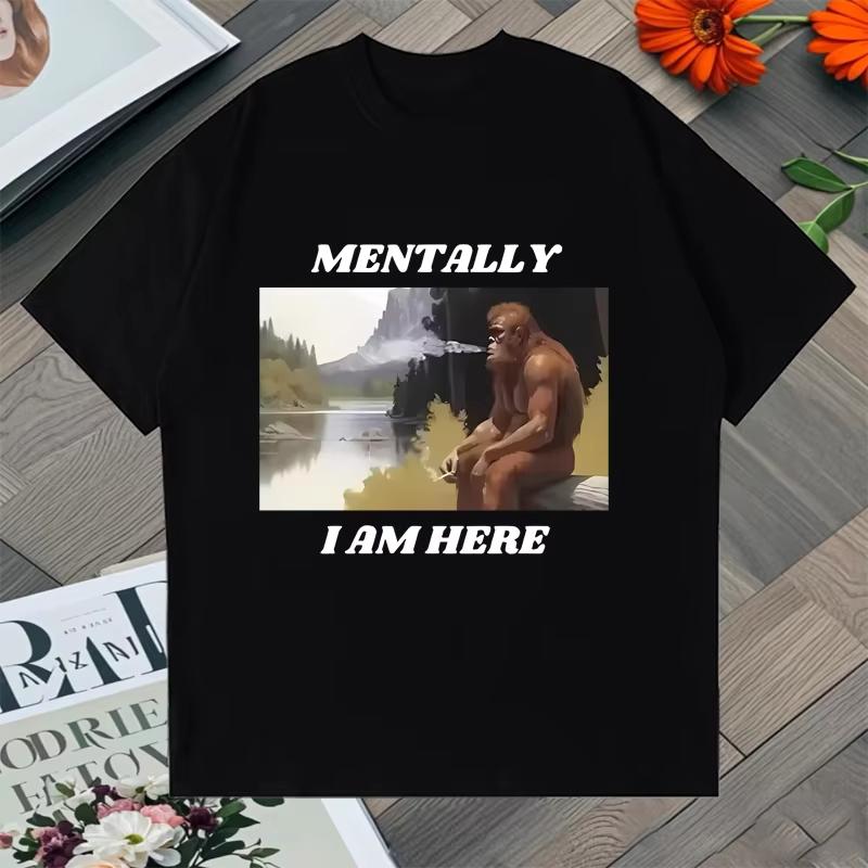 Funny Mentally I Am Here Monkey Memory Graphic Oversized Tee shirt Summer Crew Neck Men Women short sleeve Cotton Unisex t-shirt S разноцветный
