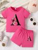 Baby Girl Round Neck Short Sleeved Letter A Pattern Top+casual Shorts Set for Spring and Summer