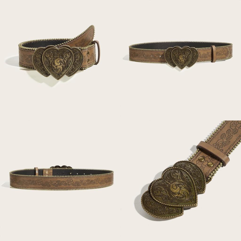 Heart Shaped Retro Alloy Buckle Leather Belt Rivet Embellishments Young Adult