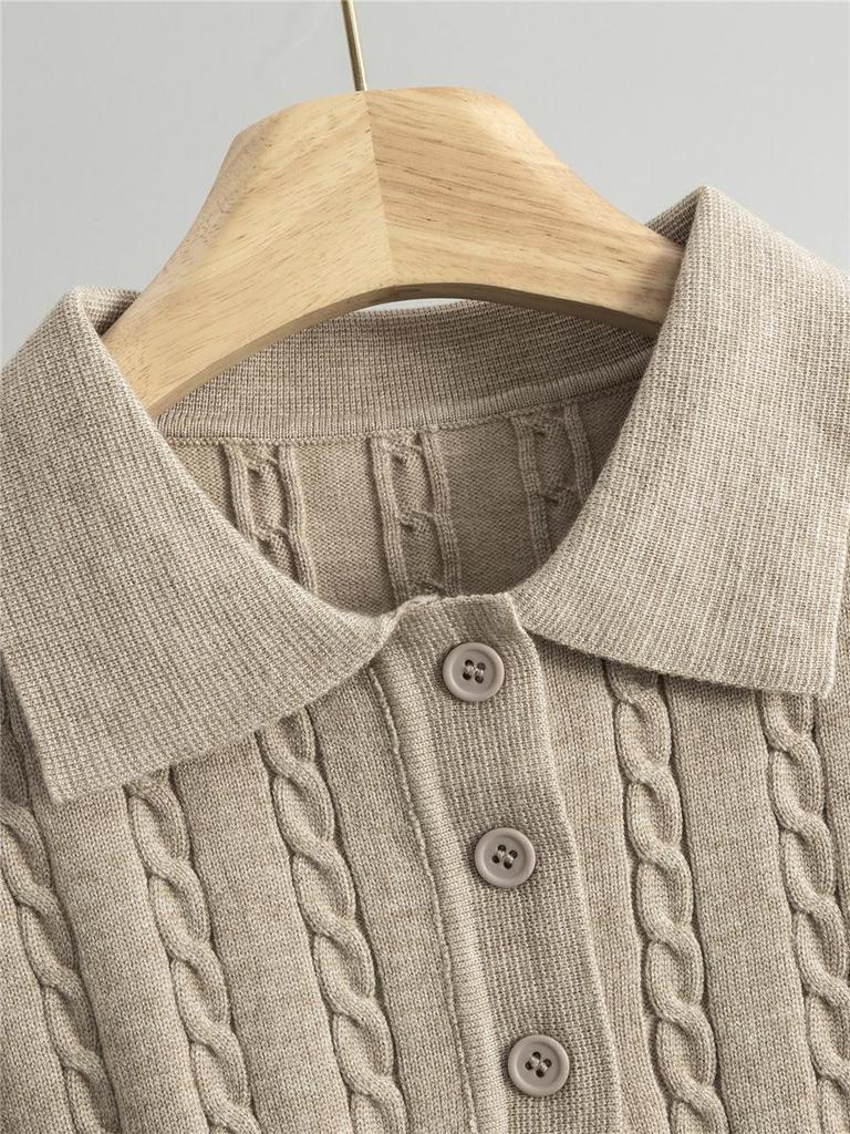 Korean-Style Two-Piece Set: Polo Collar Cable Knit Top & Sweater Skirt for Spring/Autumn