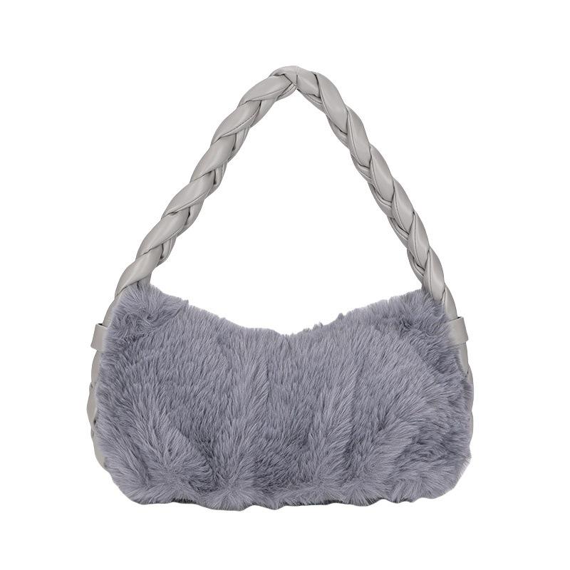 

Плетеная сумка под мышку, нишевая пушистая сумка, женская новая универсальная высококлассная плюшевая сумка через плечо one size fits all серый