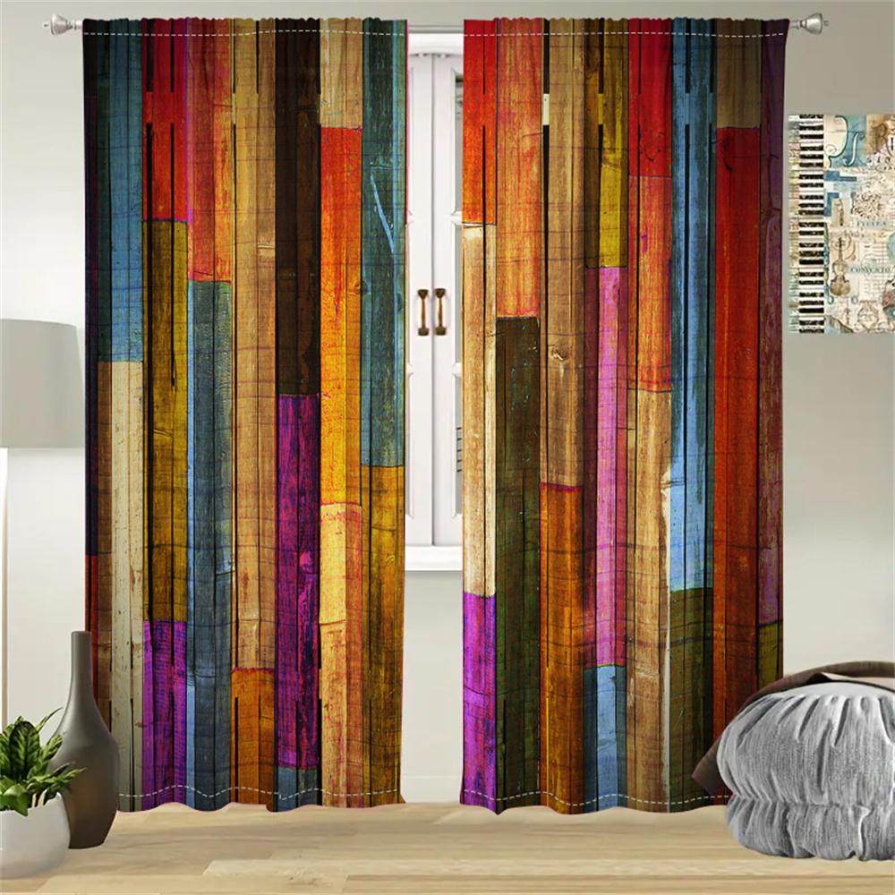 2Pcs Colorful Wooden Board Curtains Countryside Retro Rainbow Wood Grain Design Curtain Living Room Bedroom Balcony Window Decor