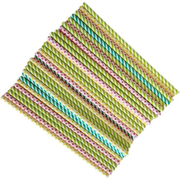 Lot de 50 Pailles en papier rayées multicolores pour Fête, anniversaire, cocktail - Taille 20 cm