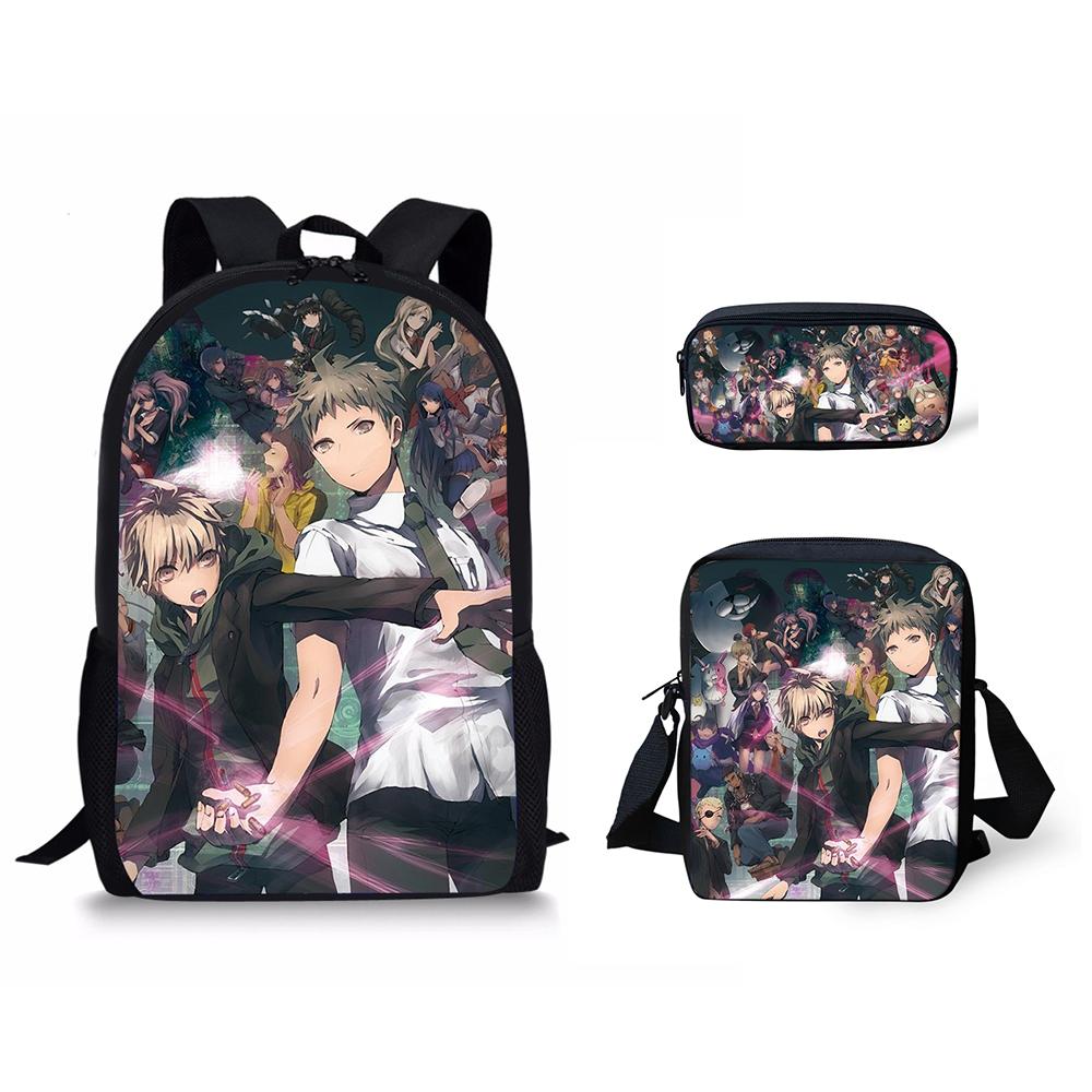Klassiek Danganronpa Patroon 3D Print 3 stuks/Set leerling Schooltassen Laptop Dagrugzak Rugzak Schuin gedragen schoudertas Etui