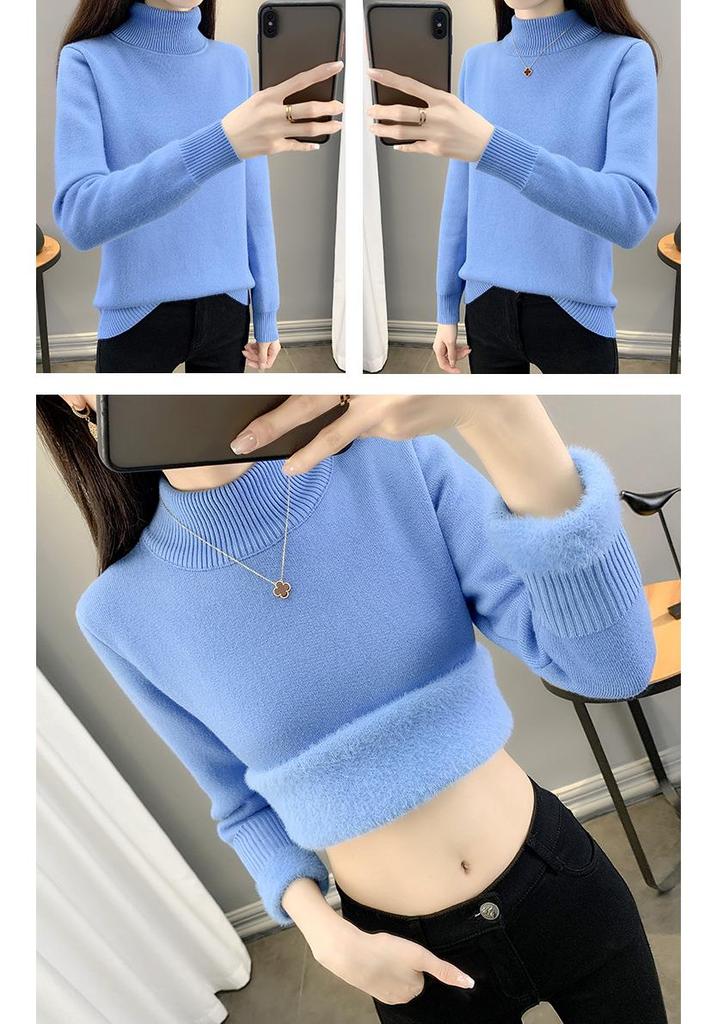 Women's 2025 Autumn Winter Plus Size Half-High Collar Velvet Knit Sweater