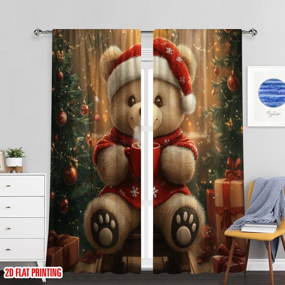 Set Of 2 Plane Printing Pattern Curtains Christmas Bear Chocolate Gift Versatile Durable Polyester Without Rod Home Curtain