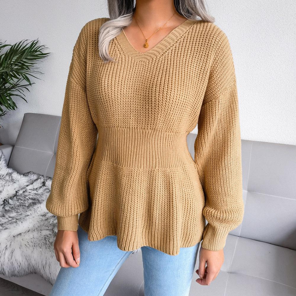 Women's Autumn/winter Lantern Sleeve Tucked Waist Hem Ruffled Knit Sweater
