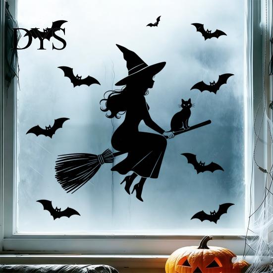 Festive Atmosphere Wall Stickers Halloween Witch Black Cat Static Window Stickers, Waterproof PVC Silhouette Decals, Indoor And Outdoor Ornament