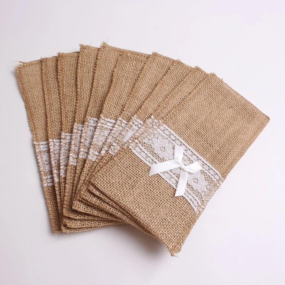Practical Rustic Style Linen Lace Cutlery Bag Lace Decorative Utensil Cutlery Holders Burlap Fork Bag Wedding Decor