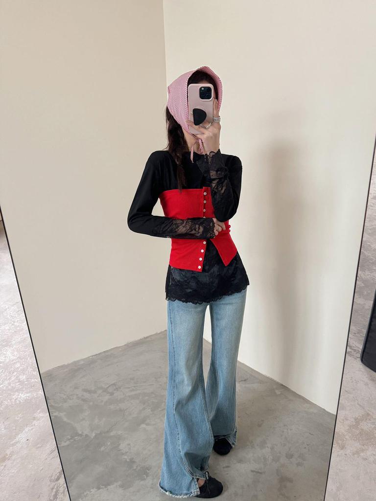 Women's Lace Crochet Patchwork Long Sleeve Casual Top - Summer/Autumn 2025