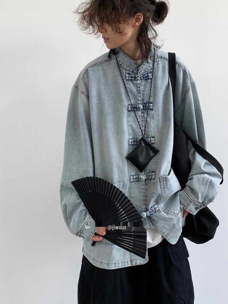 Unisex Retro Frog Button Denim Shirt: Versatile Blue Stand Collar Jacket for Men & Women