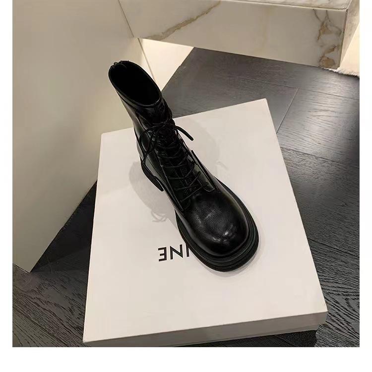 Cowhide grape mother same British style mid-tube boots thick-soled round head lace-up elastic fashion short boots women's Martin boots