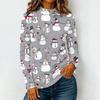 Women's Long Sleeve Knit T-Shirt with Neck and Christmas Print for Casual Wear