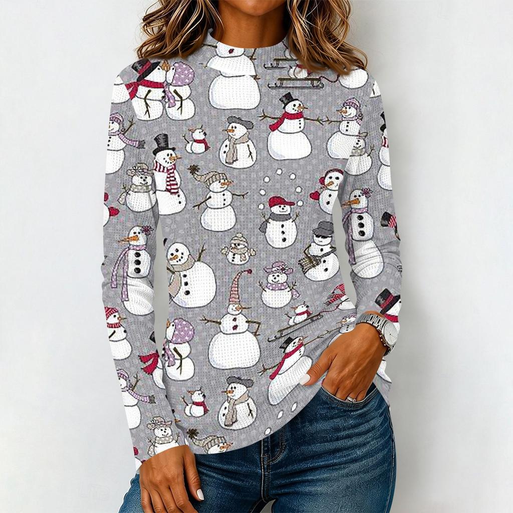 Women's Long Sleeve Knit T-Shirt with Neck and Christmas Print for Casual Wear