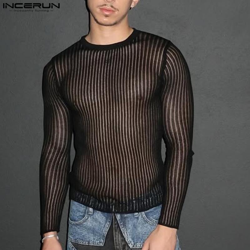 INCERUN Men Long Sleeve Striped Mesh See Through Skinny Party Club T-shirts Tops