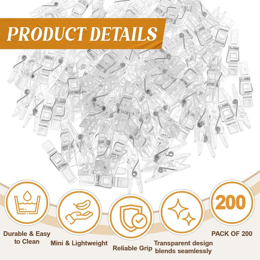 200 Pcs Mini Clothesp Plastic Clear Clips Tiny Photo Clips Multi-Function Small Clothesp for Hanging String Fairy Lights Picture Photo Paper Binder