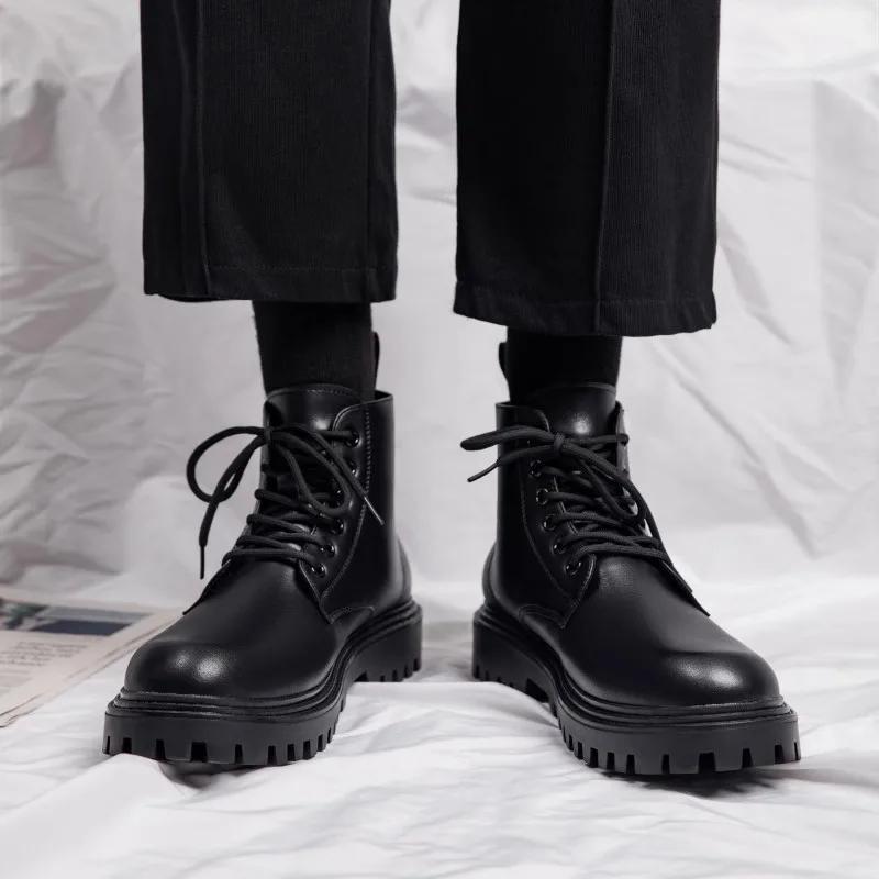 Fashion Men's Leather Boots Autumn New Leather Surface Solid Color Black British Style Boots