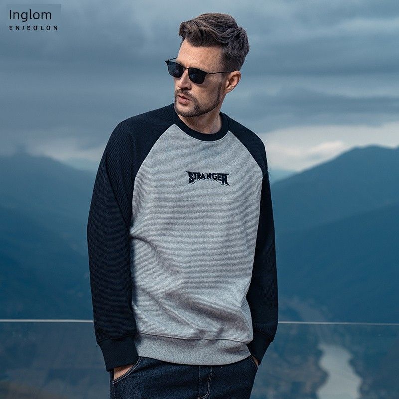 

Yingjuelun 2025 Осень/Зима Толстовка в стиле колор-блок, повседневная, для мужчин, трендовый бренд в американском стиле, вышивка букв, рукав реглан, длинный рукав Gray and Black 2XL