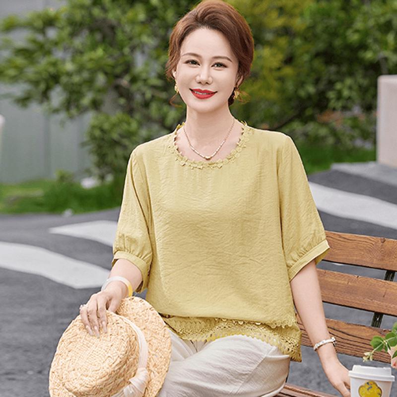 Datang Furen Women s Elegant Lace Collar Loose Fit Summer T-shirt 2XL жёлтый