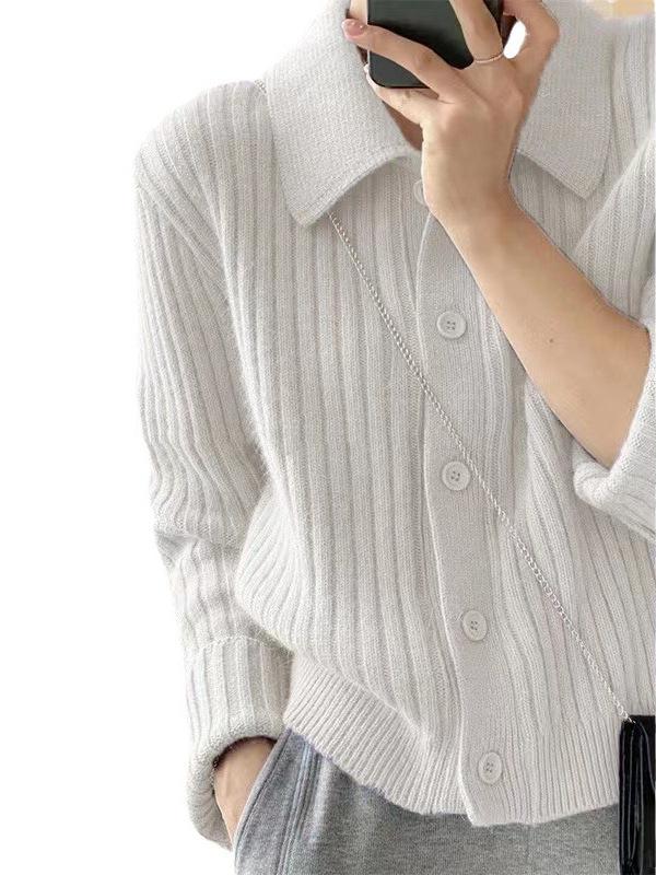 Chic Women's Ribbed Wool POLO Collar Short-Sleeve Knit Cardigan - Autumn/Winter Petite Outerwear.