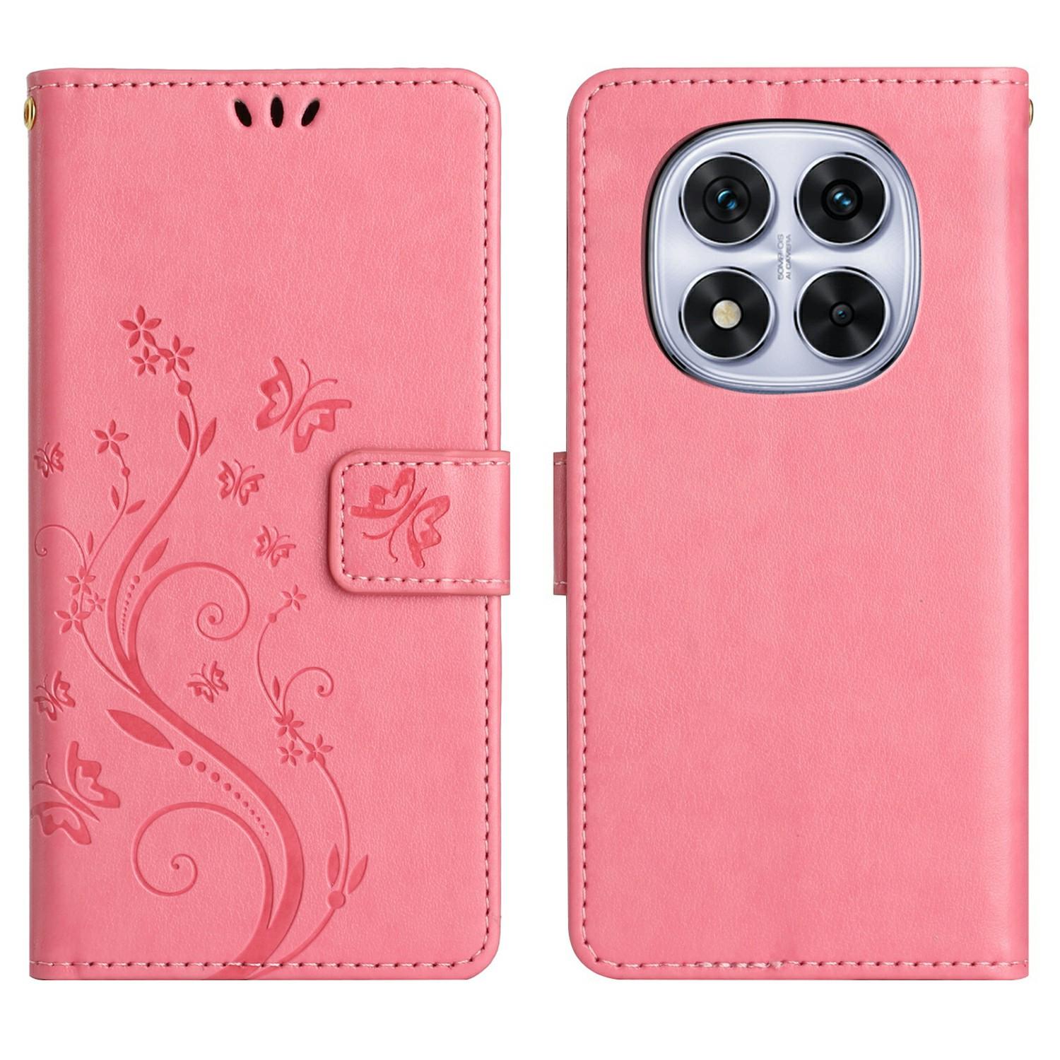 

Шкіряний чохол-гаманець для Xiaomi Redmi Note 14 Pro 4G з тисненням Метелик і квіти , чохол для телефону з ремінцем Pink