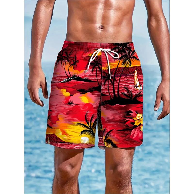 Men s Board Shorts, Men s Palm Tree Pattern Beach Shorts, Drawstring Swim Shorts, Men s Swim Shorts S