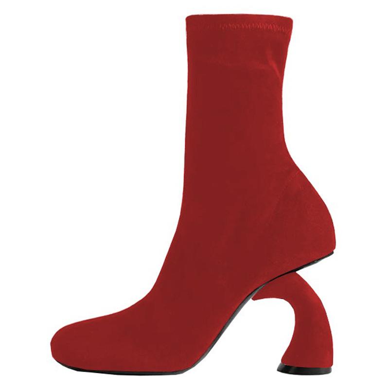 Fashion New 9cm Irregular High-heel Black Red Short Boots European American Autumn Winter Fashion High Heels Ankle Women Boots Sizes 43