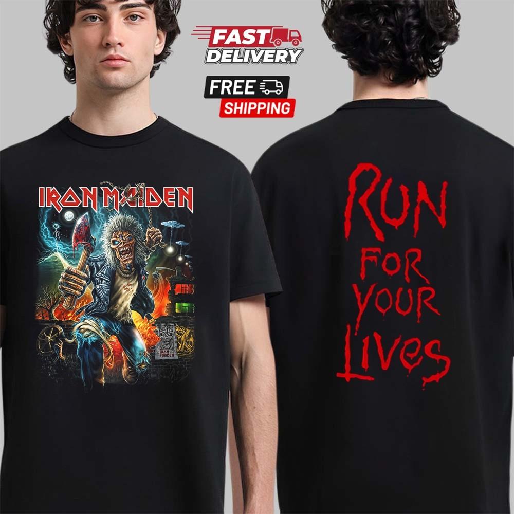 

Двусторонняя футболка Iron Maiden Run For Your Live, Подарок для членов семьи, металлистов, Унисекс футболка XXXXL