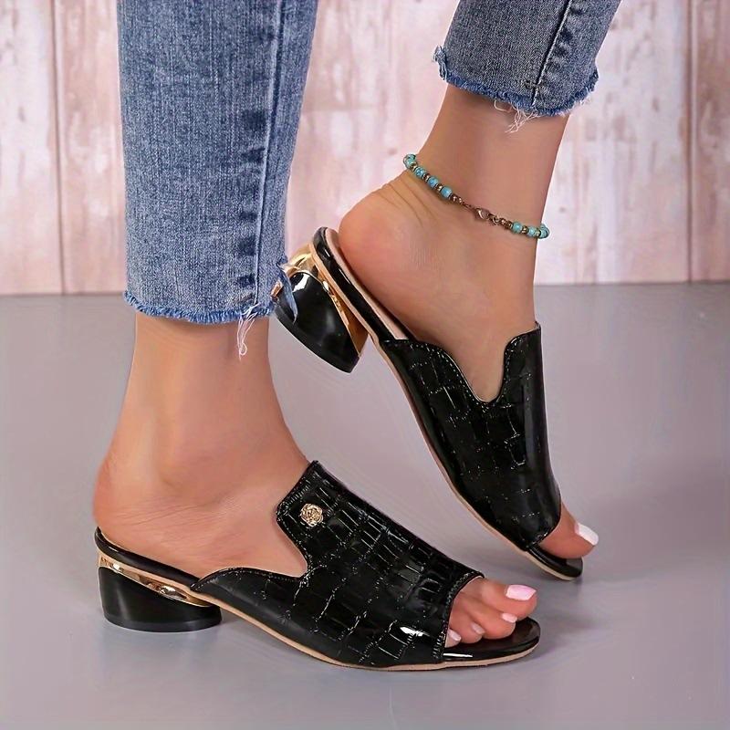 Women’s Black One-Strap Block Heel Sandals, Plus Size Casual Slip-On Shoes
