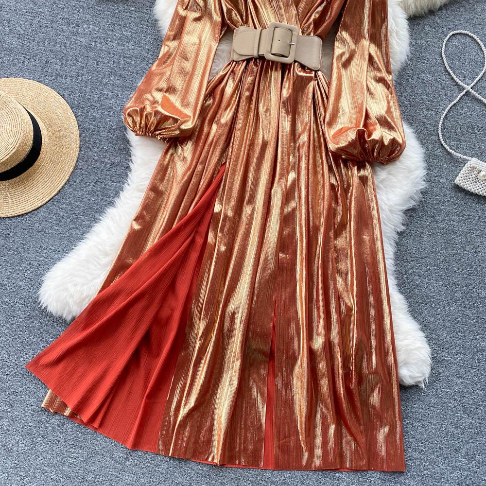 RUGOD Rochii europene și americane Temperament high-end cu decolteu în V Talie subțire și ușoară Stil matur Rochie lungă cu leagăn mare Femei