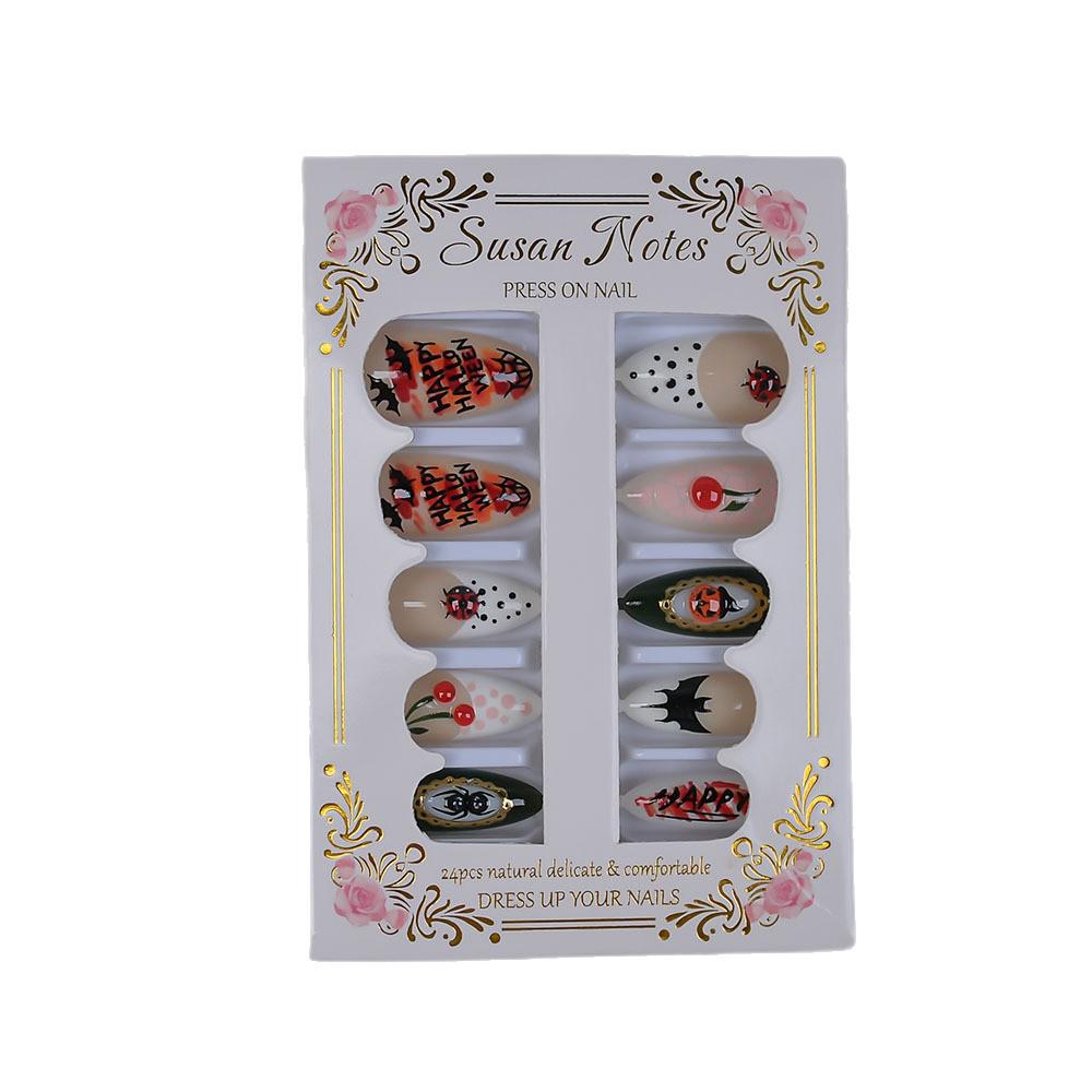 30 Pcs Halloween Almond-Shaped Pumpkin & Bat False Nails - Medium Length Party & Carnival Design
