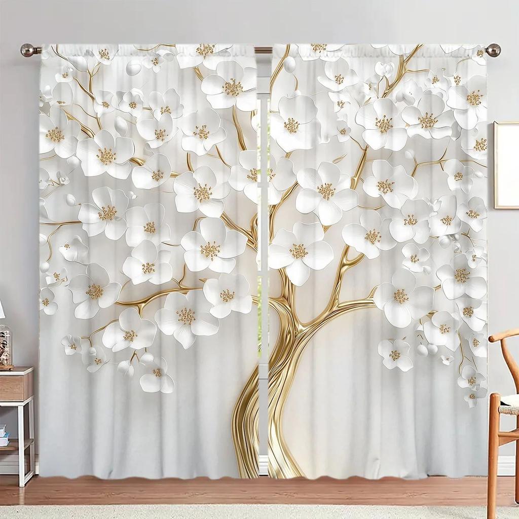 VIKAMA2PC Embossed Gold-Centered White Floral Curtains Bedroom Living Room Bay Window Luxurious Cozy and Artistic Ambiance