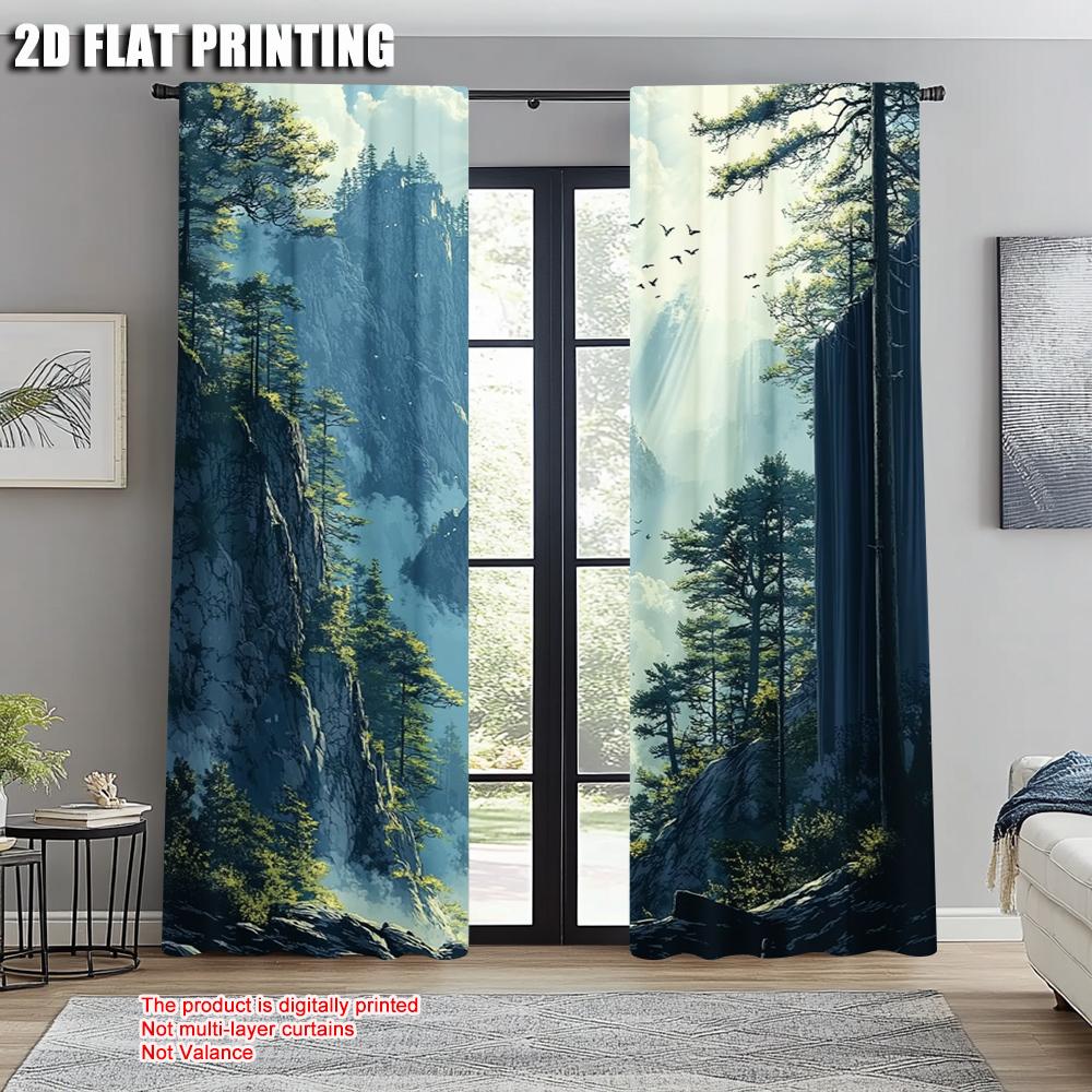 Set Of 2 Print Curtains Forest Mountain Scenery Versatile Polyester Without Rod All Seasons Use Bedroom Made Decor Window Treatment