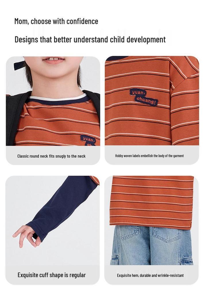 2026 Autumn Striped Color Block Boys' Faux Two-Piece Casual T-shirt