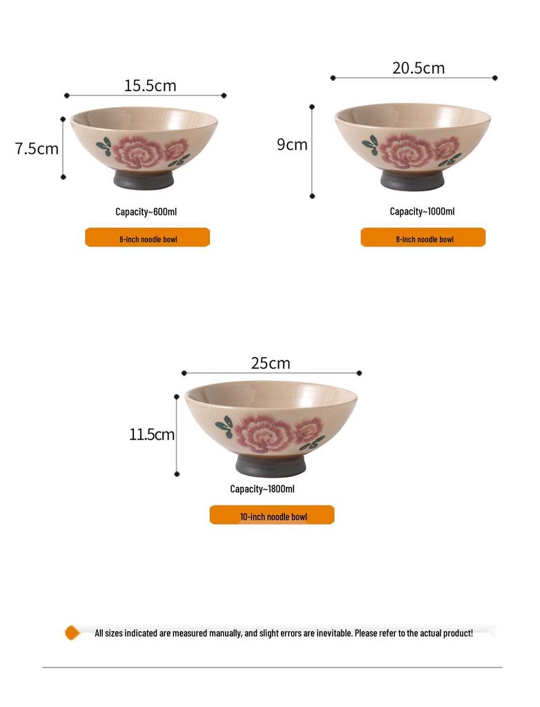 Retro Hand-Painted Floral Ceramic Noodle Bowl - Large Chinese Style Soup/Rice Bowl with Underglaze Color