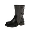 Skinny Medium Tube Pile Autumn Boots Thick Heel Splicing Women's Knight Boots Boots Belt Buckle Vintage Cowboy Boots