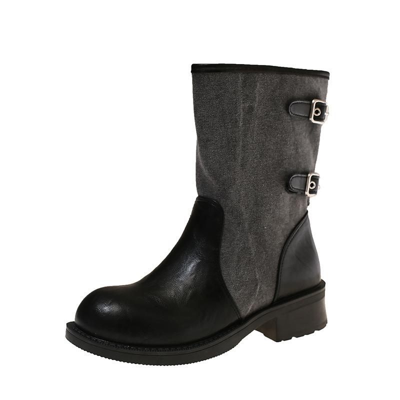 Skinny Medium Tube Pile Autumn Boots Thick Heel Splicing Women's Knight Boots Boots Belt Buckle Vintage Cowboy Boots