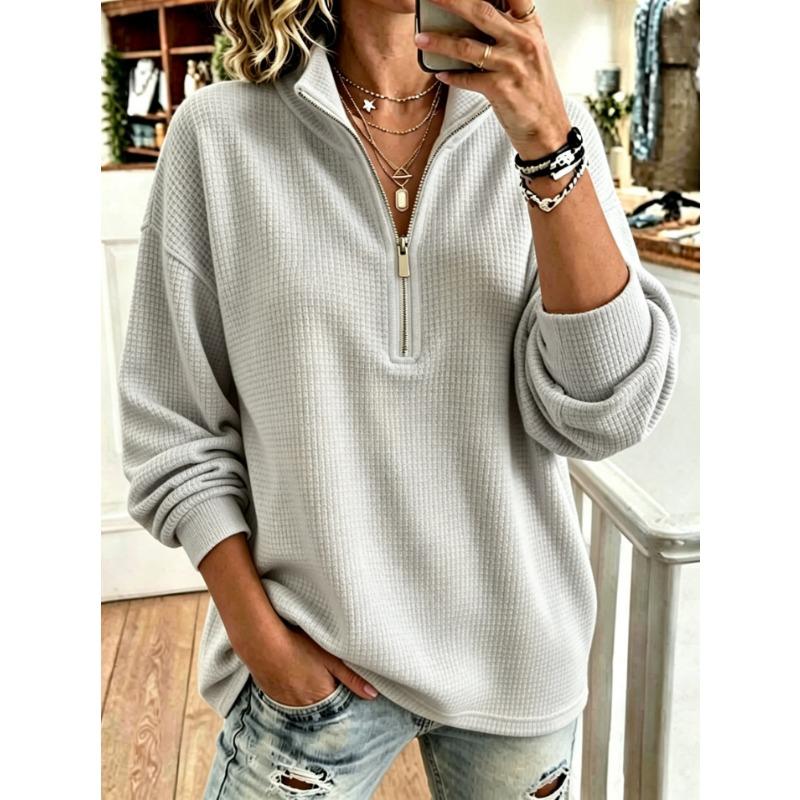 Women Loose Half Zip Half Collar Waffle Knit Hoodie Long Sleeve Pullover