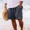 Men's Summer Cotton-Linen Shorts Drawstring Elastic Waistband Straight Leg Solid Color Breathable Casual Beach Shorts Mid-Length