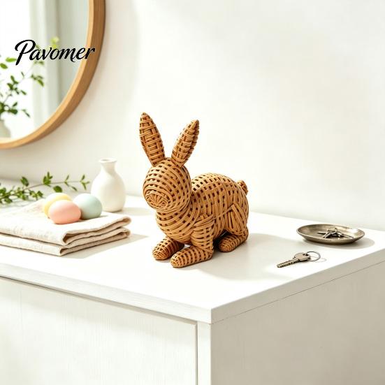 Holiday Gift for Home 3D Printed Wicker‑Look Bunny Figurine, Rattan Texture Rabbit Statue, Easter Decor Weather Resistant Decorative Ornament Indoor
