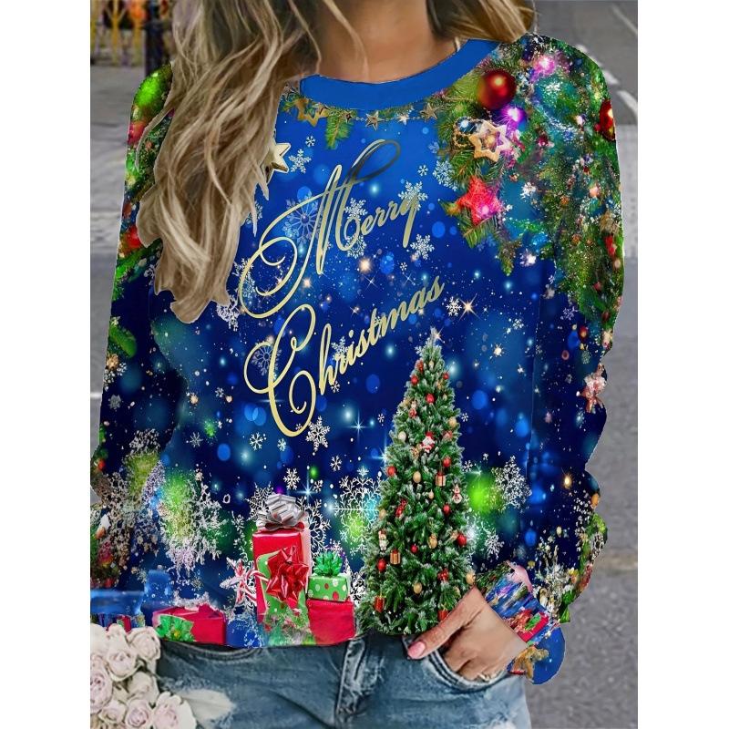 Autumn and Winter Ladies Christmas Kitten 3D Printed Crew Neck Long Sleeve T-Shirt