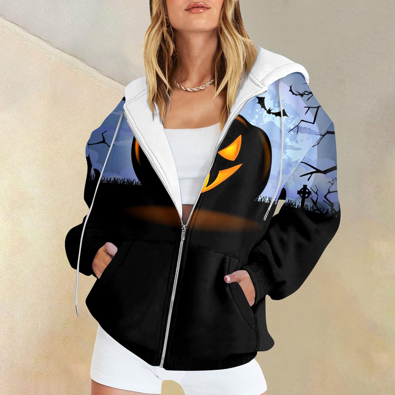 Женская мода повседневная толстовка с принтом на Хэллоуин осень-зима с длинным рукавом кардиган с карманами на молнии куртка с капюшоном S 1973₽