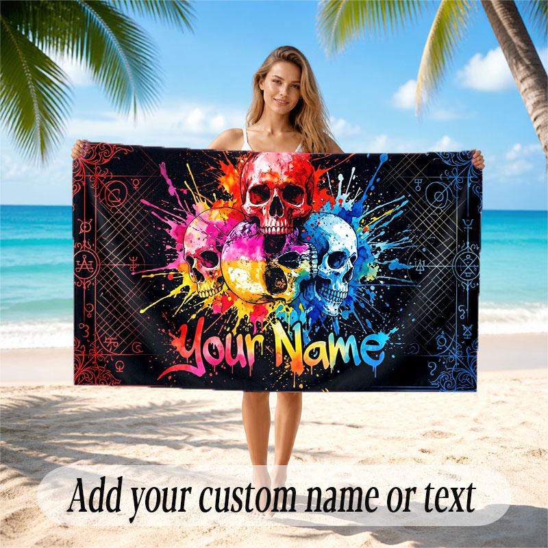 Skull Gothic Theme Beach Towel Personalized Custom Name & Text Soft Quick Dry Beach Towel for Swimming Travel