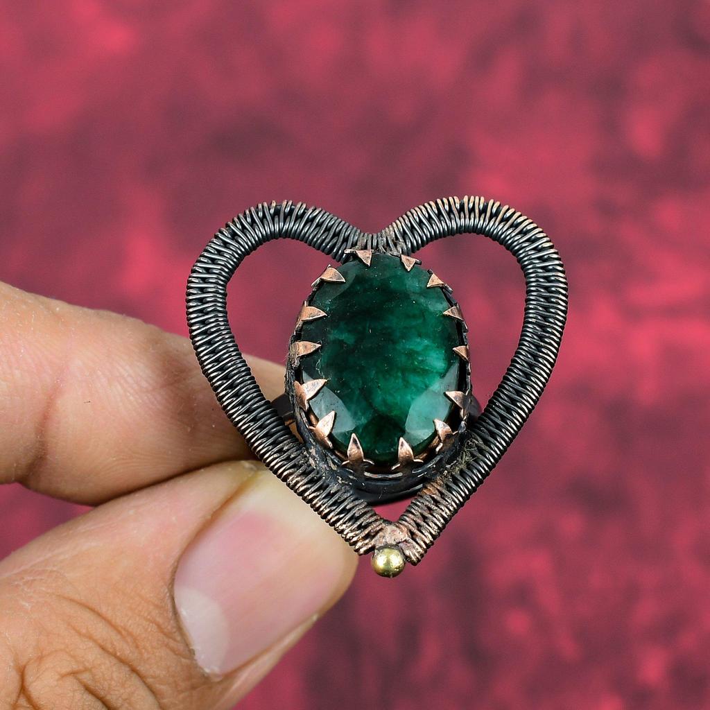 Faceted Zambian Emerald Ring Copper Wire Wrapped Adjustable Ring Handmade Jewelry Genuine Gemstone Ring Antique Copper Jewelry Gifts For Him